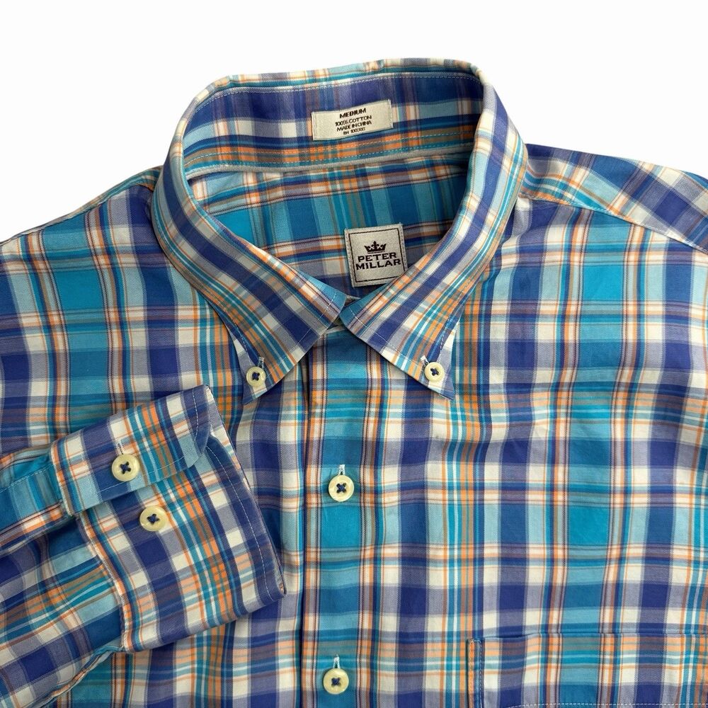 Peter Millar Blue Plaid Button Down Shirt Men’s Medium Cotton Long Sleeve Preppy
